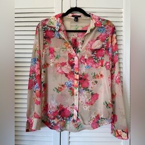Forever 21 Sheer Floral Long Sleeve Collared Button Down Blouse - Size S